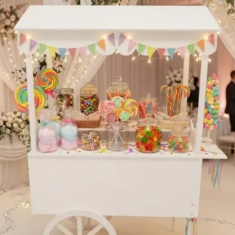 Chariot candy bar avec bonbons et sucettes