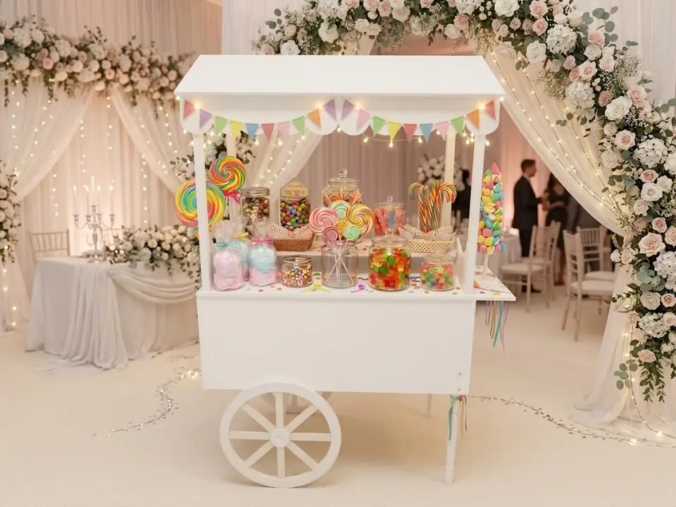 Chariot candy bar décoré pour un mariage